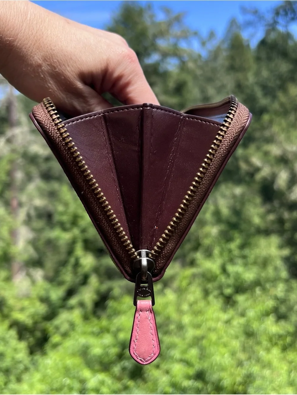 COACH Long Zip-Around Wallet Tan/Pink Signature Canvas & Leather w Gold Hardware